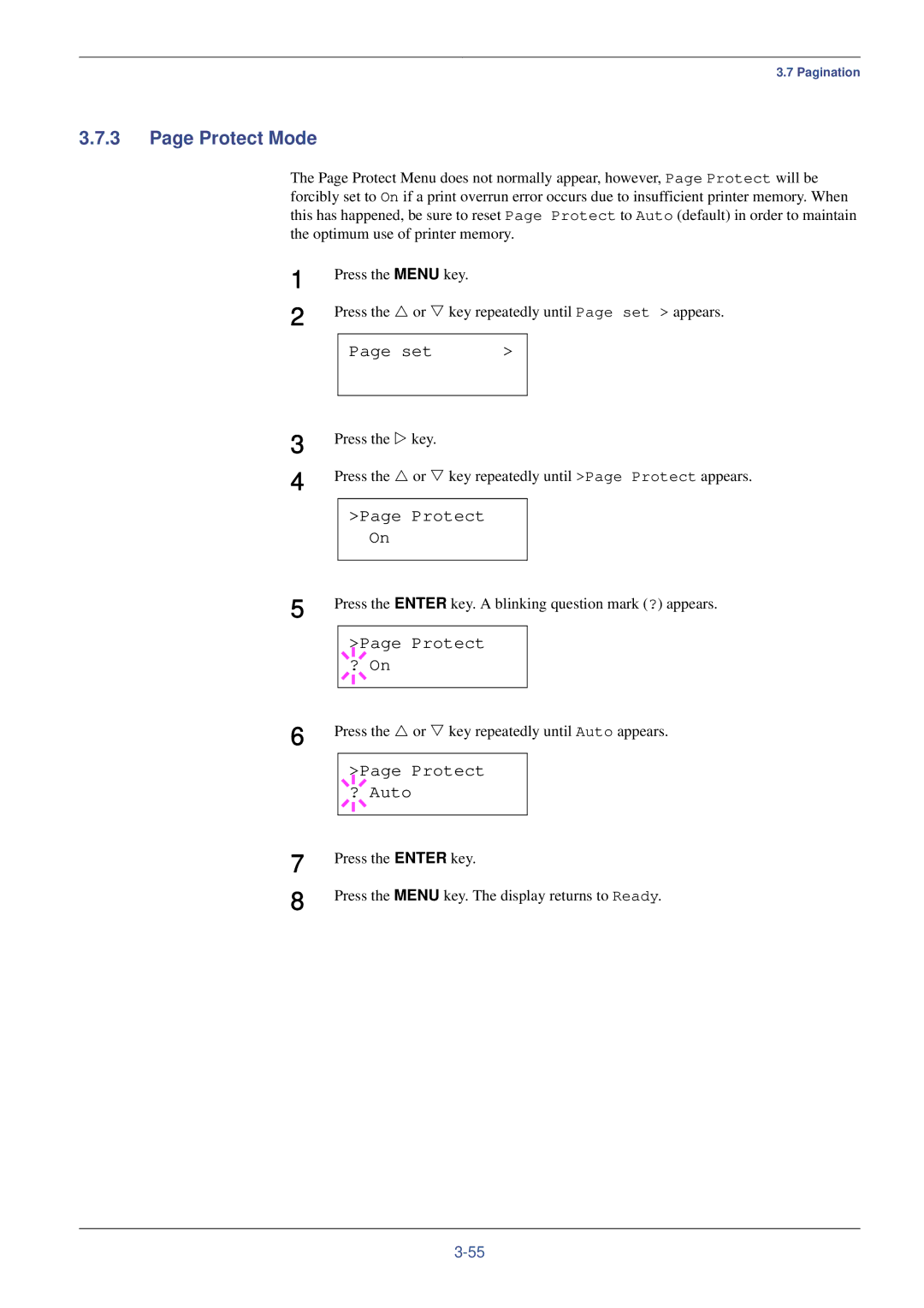 Kyocera FS-C8008N manual Protect Mode, Protect ? On, Protect ? Auto, Press the U or V key repeatedly until Auto appears 