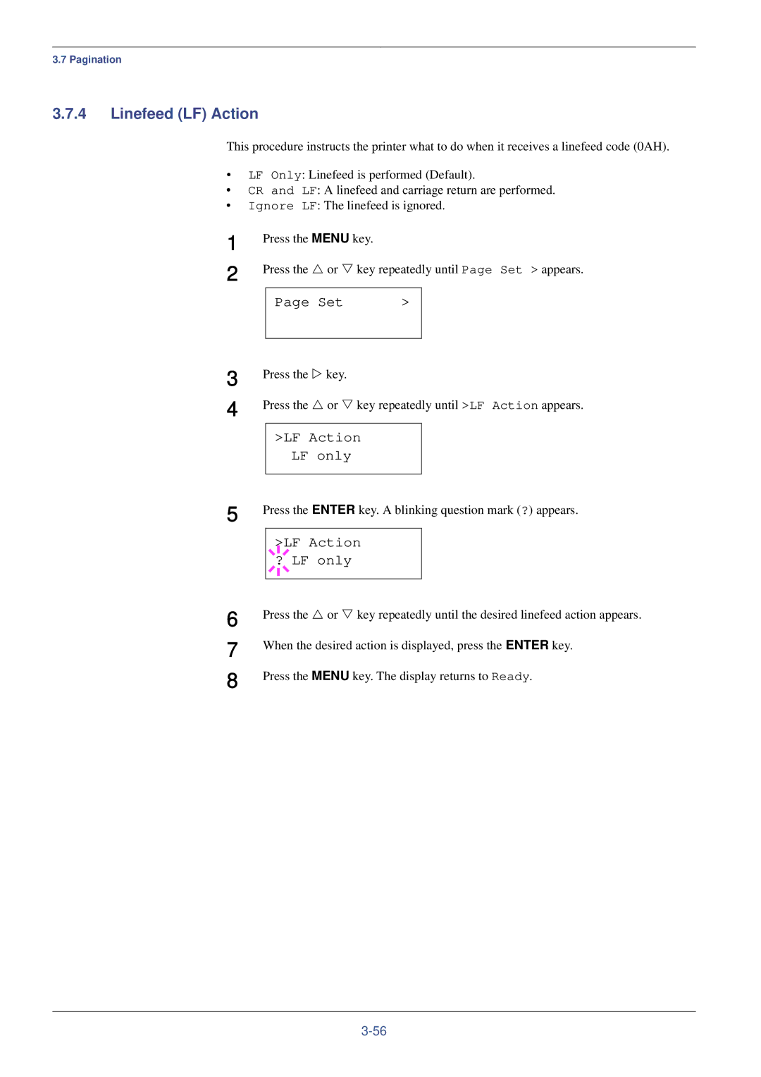 Kyocera FS-C8008DN, FS-C8008N manual Linefeed LF Action, LF Action LF only, LF Action ? LF only 