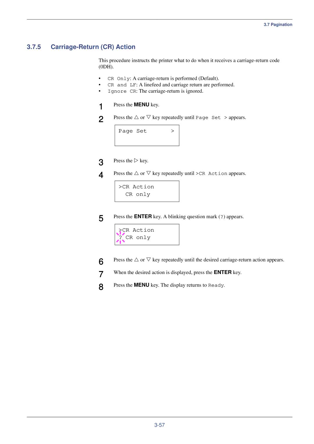 Kyocera FS-C8008N, FS-C8008DN manual Carriage-Return CR Action, CR Action CR only, CR Action ? CR only 