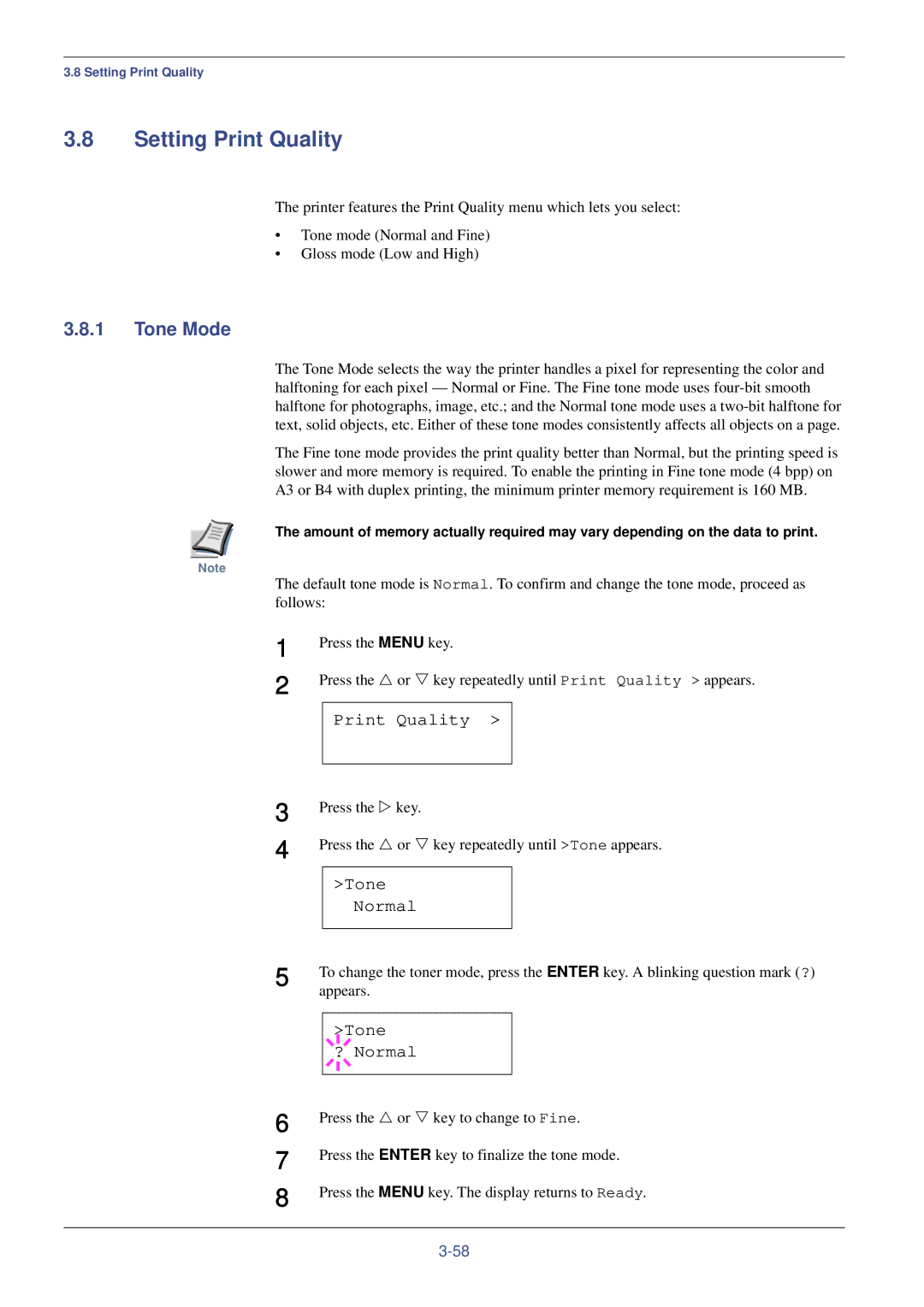 Kyocera FS-C8008DN, FS-C8008N manual Setting Print Quality, Tone Mode, Tone Normal, Tone ? Normal 