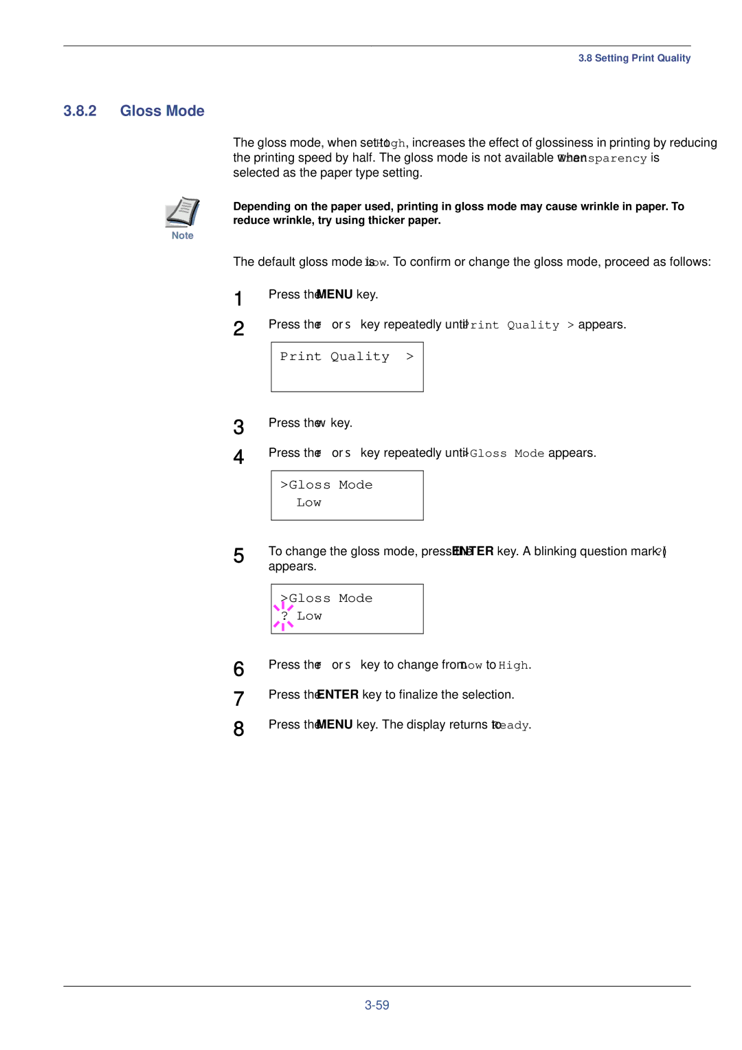 Kyocera FS-C8008N, FS-C8008DN manual Gloss Mode Low, Gloss Mode ? Low 