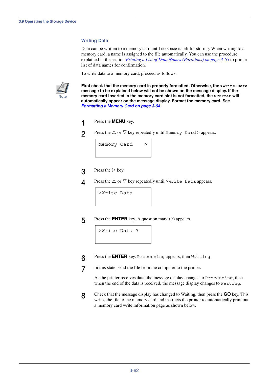 Kyocera FS-C8008DN, FS-C8008N manual Write Data ?, Writing Data, Memory card write information page as shown below 