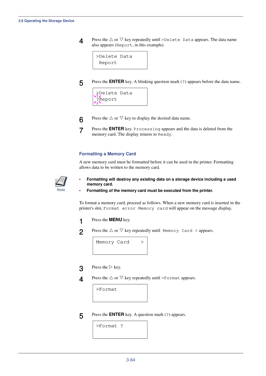 Kyocera FS-C8008DN, FS-C8008N manual Delete Data Report, Delete Data ?Report, Format ?, Formatting a Memory Card 