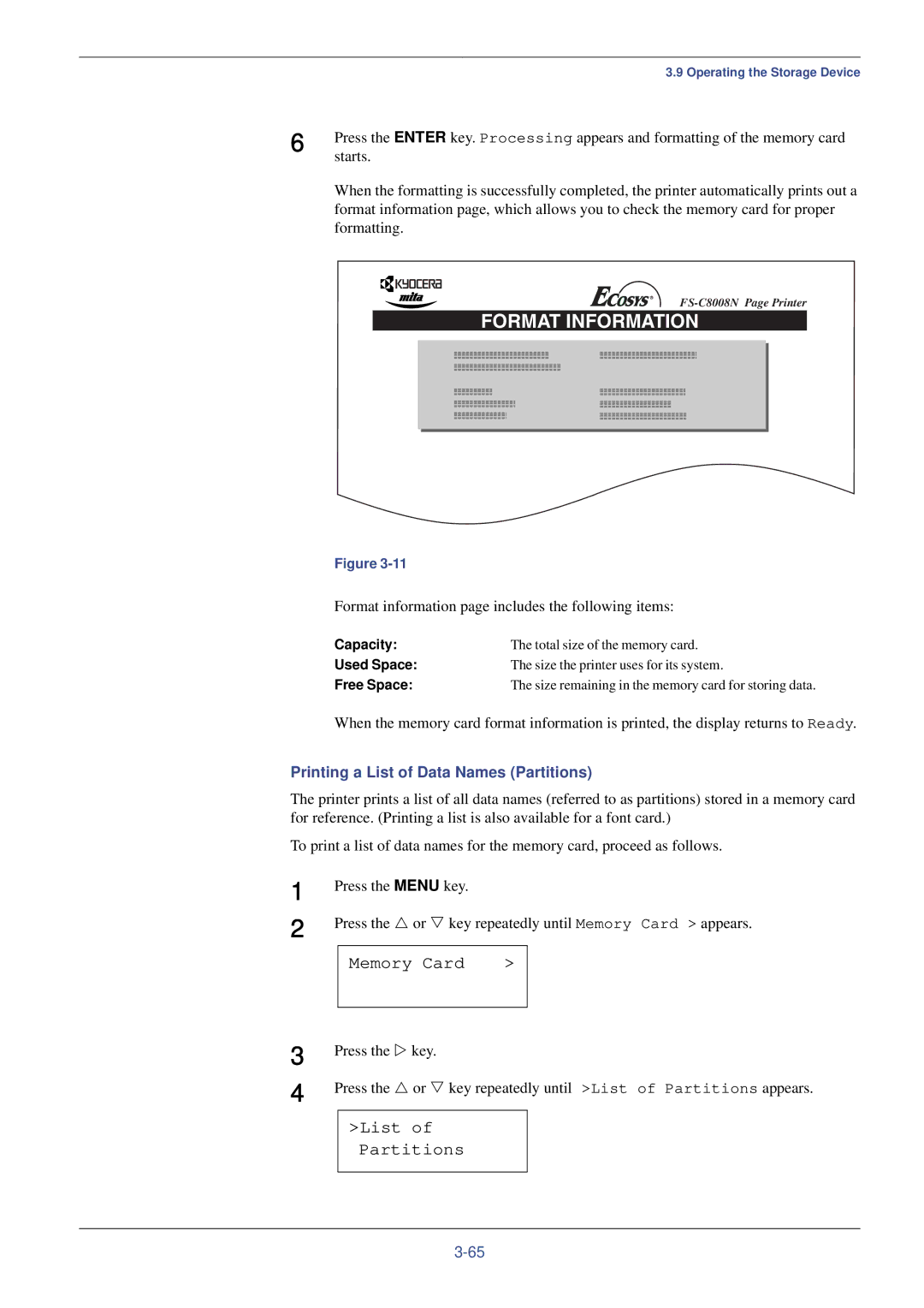 Kyocera FS-C8008N, FS-C8008DN manual List of Partitions, Starts, Format information page includes the following items 