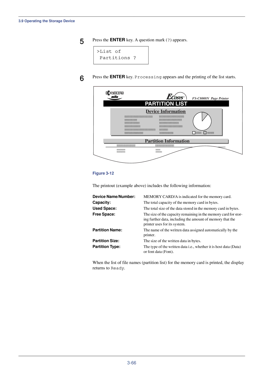 Kyocera FS-C8008DN List of Partitions ?, Printout example above includes the following information, Device Name/Number 