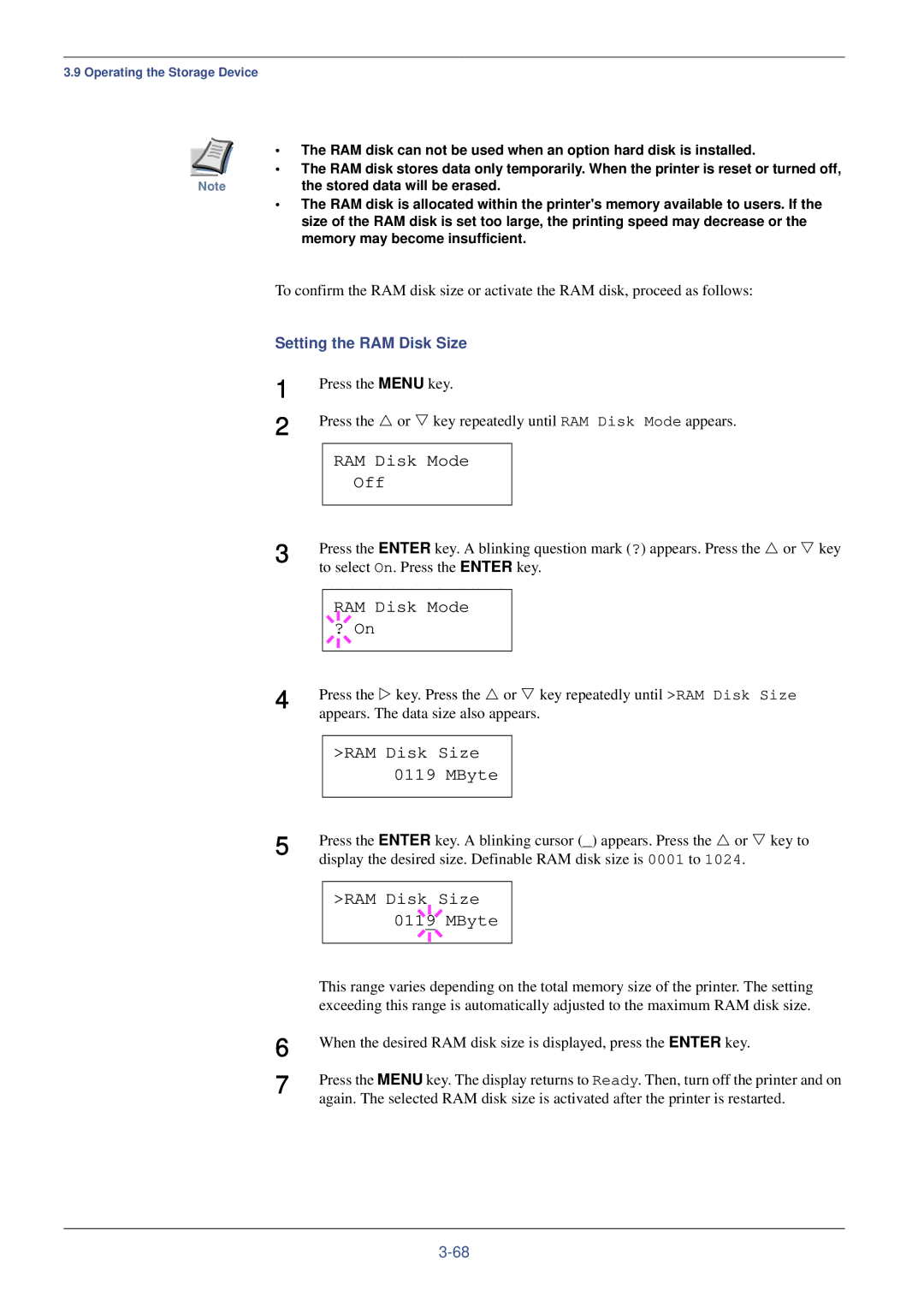Kyocera FS-C8008DN, FS-C8008N manual RAM Disk Mode Off, RAM Disk Mode ? On, RAM Disk Size MByte, Setting the RAM Disk Size 