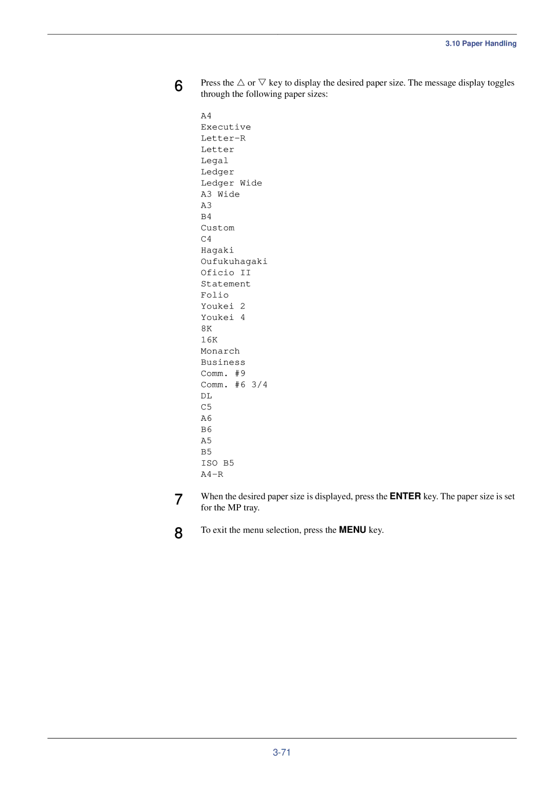 Kyocera FS-C8008N, FS-C8008DN manual Through the following paper sizes, For the MP tray 