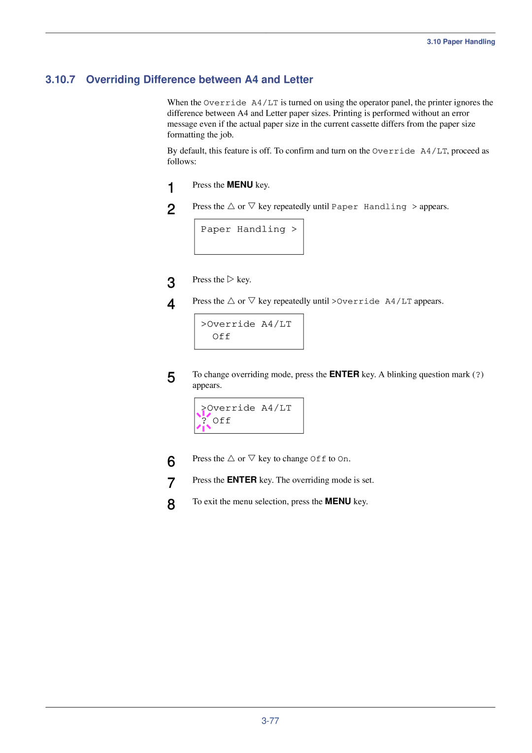 Kyocera FS-C8008N, FS-C8008DN manual Overriding Difference between A4 and Letter, Override A4/LT Off, Override A4/LT ? Off 