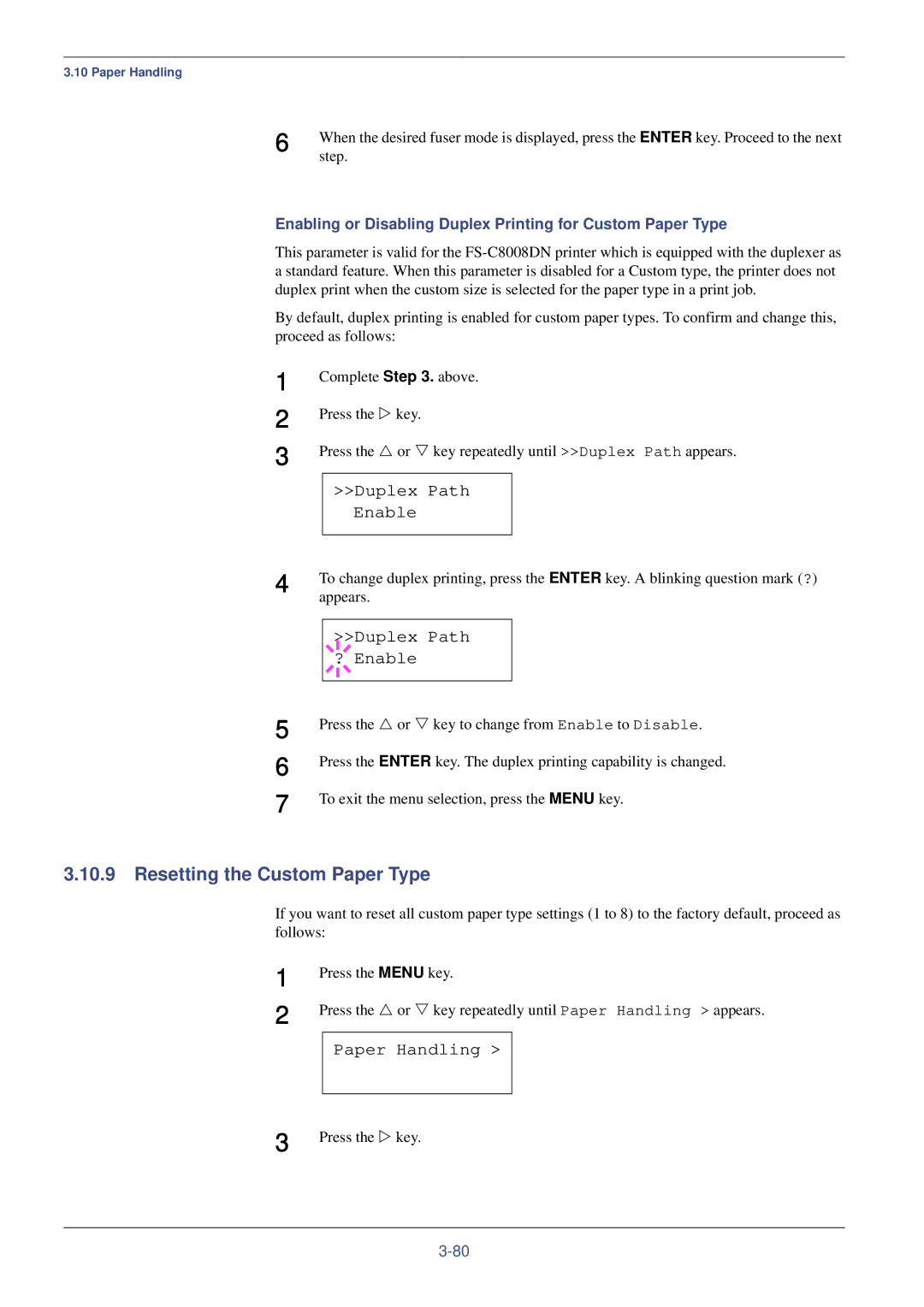 Kyocera FS-C8008DN, FS-C8008N manual Resetting the Custom Paper Type, Duplex Path Enable, Duplex Path ? Enable, Step 