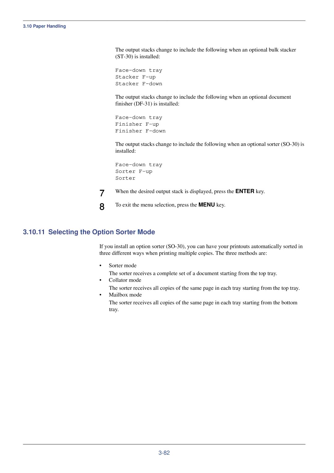 Kyocera FS-C8008DN, FS-C8008N manual Selecting the Option Sorter Mode 