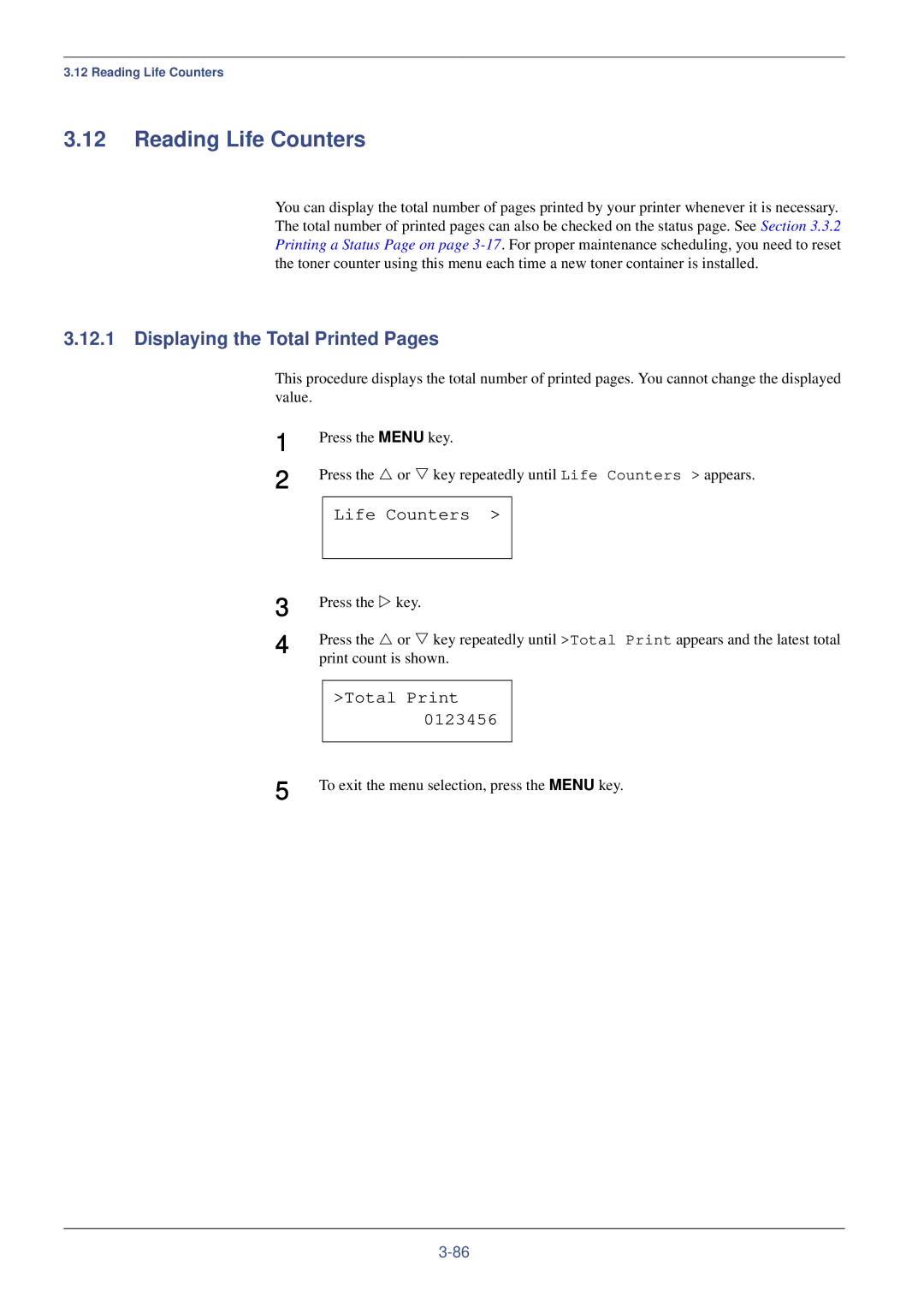 Kyocera FS-C8008DN, FS-C8008N manual Reading Life Counters, Displaying the Total Printed Pages 