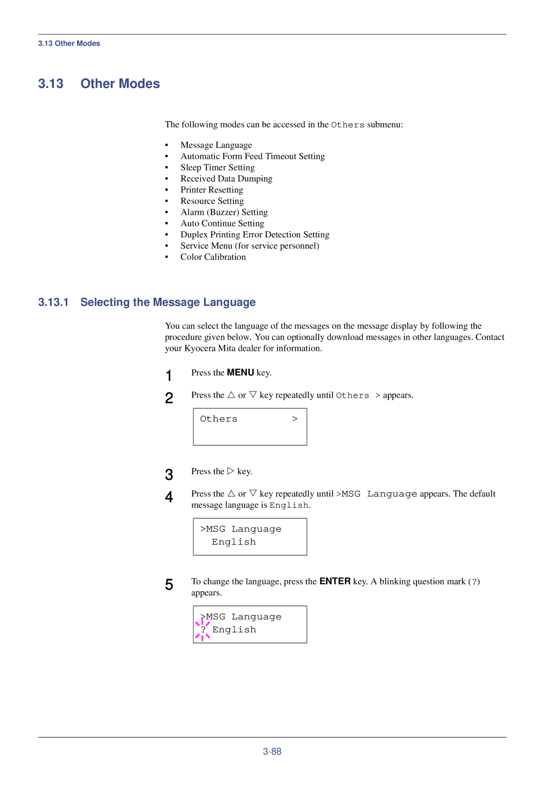 Kyocera FS-C8008DN manual Other Modes, Selecting the Message Language, Others, MSG Language English, MSG Language ? English 