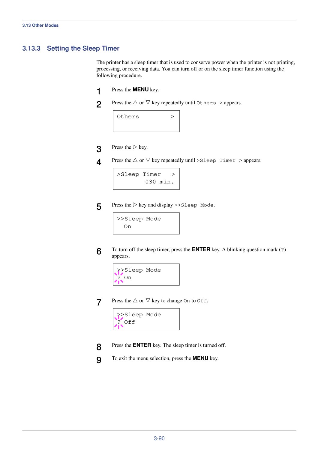 Kyocera FS-C8008DN, FS-C8008N manual Setting the Sleep Timer, Sleep Timer 030 min, Sleep Mode ? On, Sleep Mode ? Off 