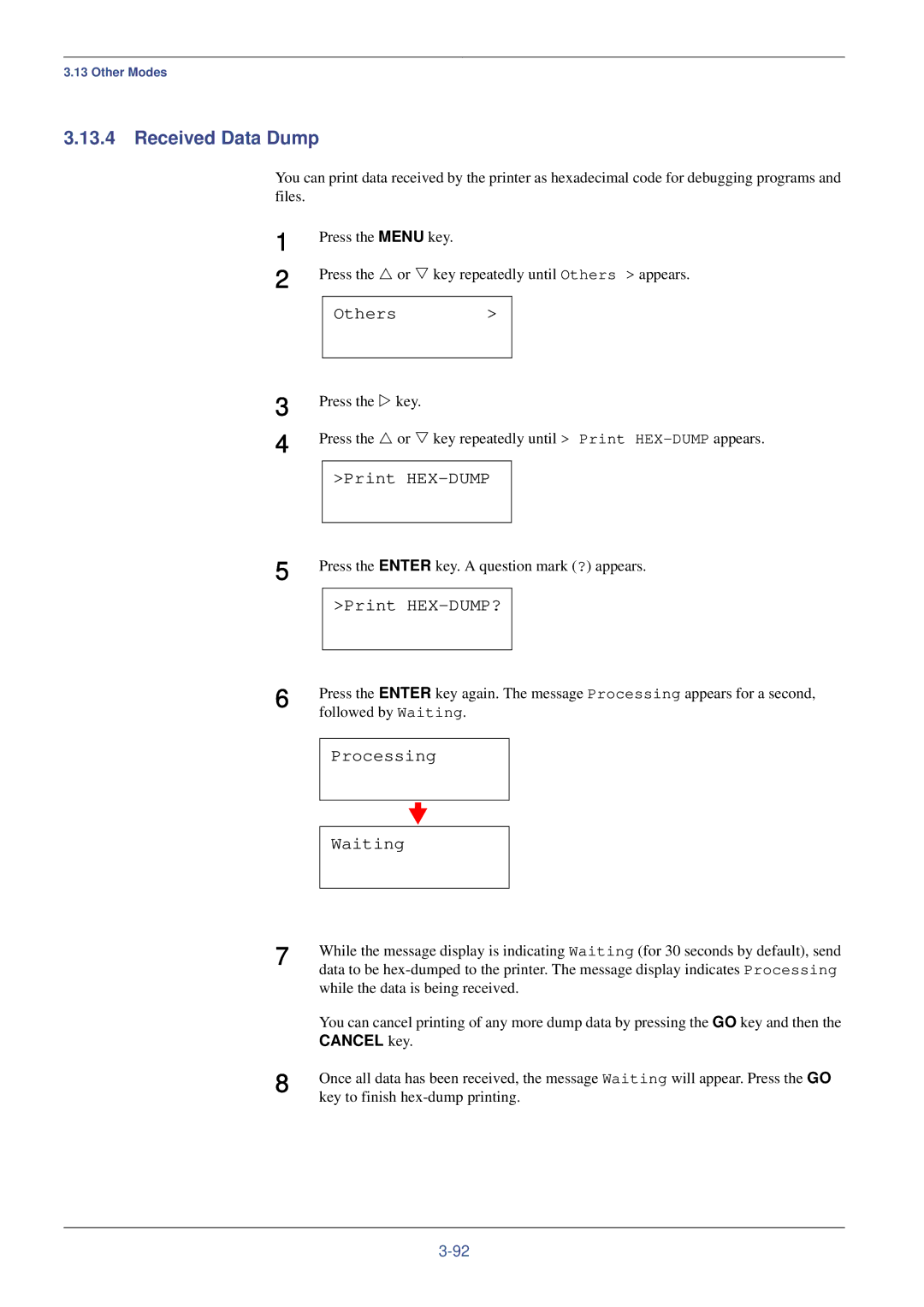 Kyocera FS-C8008DN, FS-C8008N manual Received Data Dump, Print HEX-DUMP?, Processing Waiting 