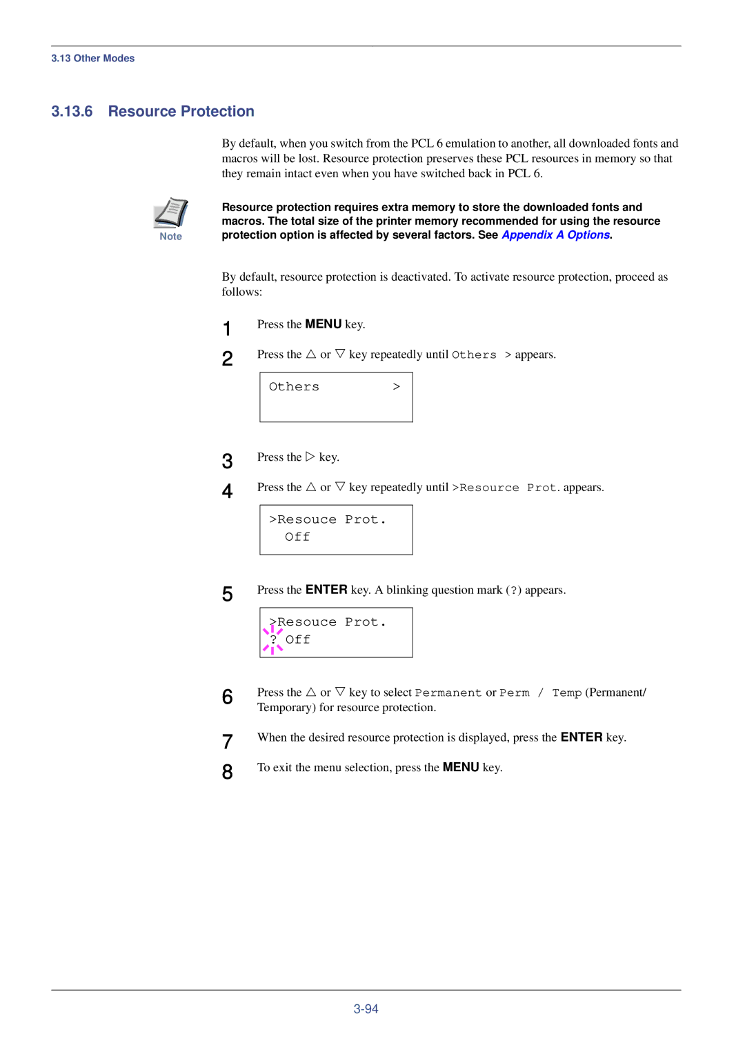 Kyocera FS-C8008DN, FS-C8008N Resource Protection, Resouce Prot Off, Resouce Prot ? Off, Temporary for resource protection 