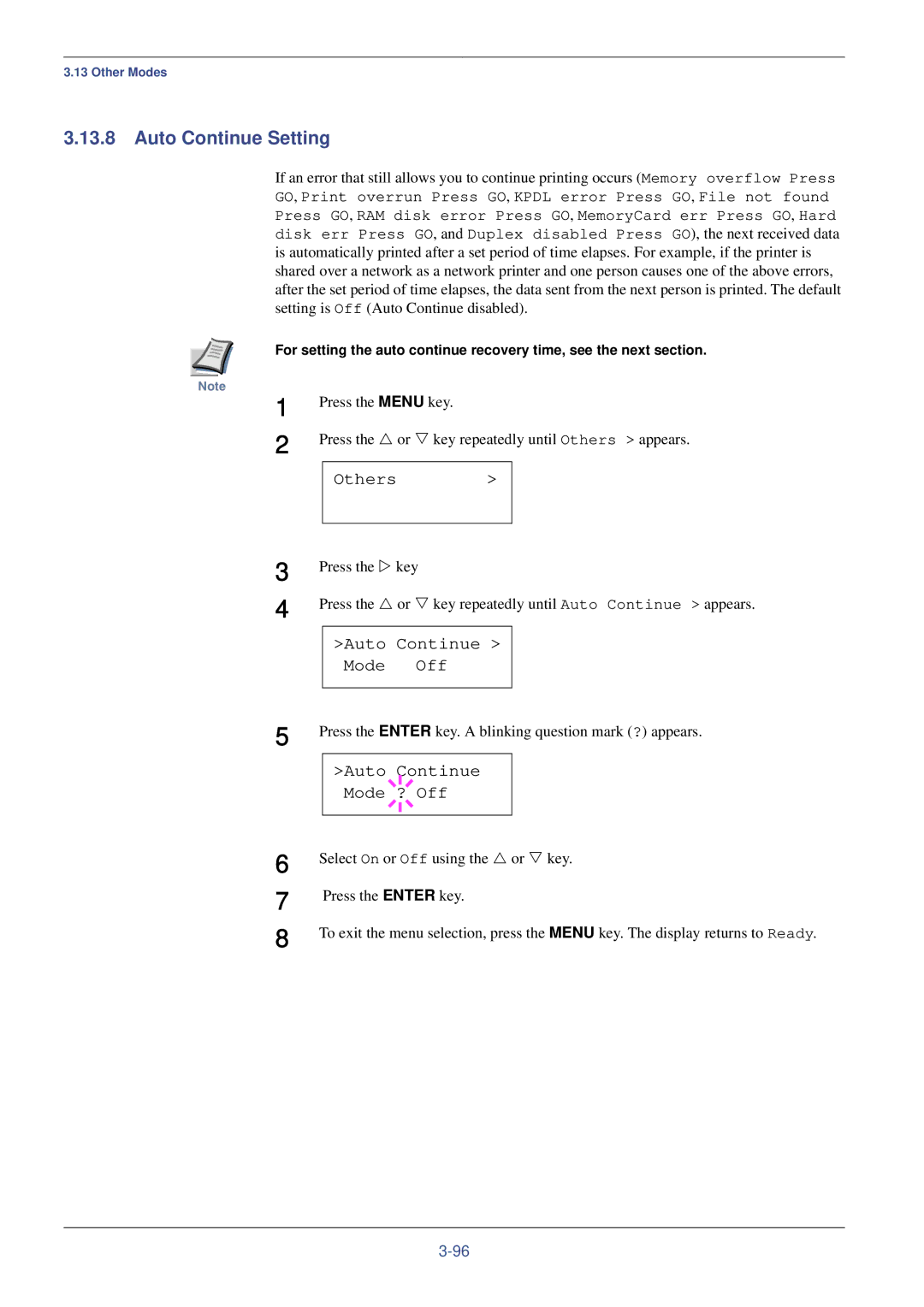 Kyocera FS-C8008DN, FS-C8008N manual Auto Continue Setting, Auto Continue Mode Off, Auto Continue Mode ? Off 