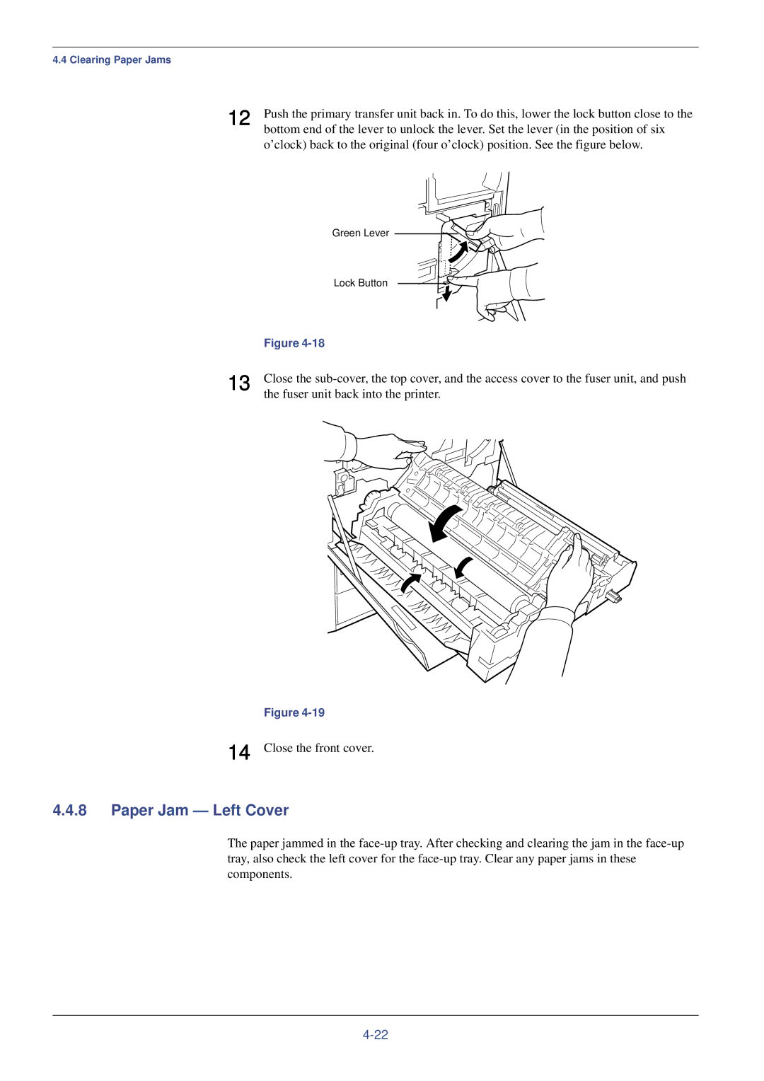 Kyocera FS-C8008DN, FS-C8008N manual Paper Jam Left Cover, Fuser unit back into the printer, Close the front cover 