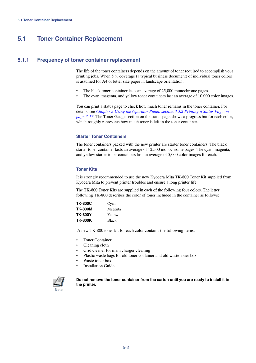 Kyocera FS-C8008N manual Toner Container Replacement, Frequency of toner container replacement, Starter Toner Containers 