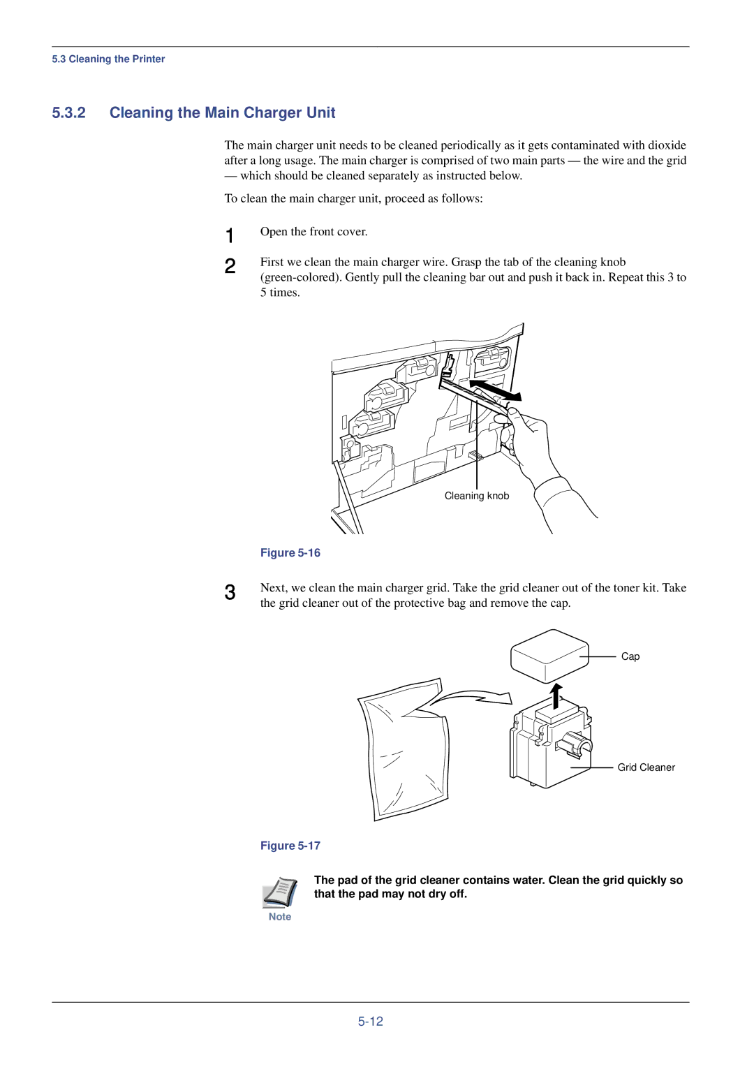 Kyocera FS-C8008N, FS-C8008DN Cleaning the Main Charger Unit, Grid cleaner out of the protective bag and remove the cap 