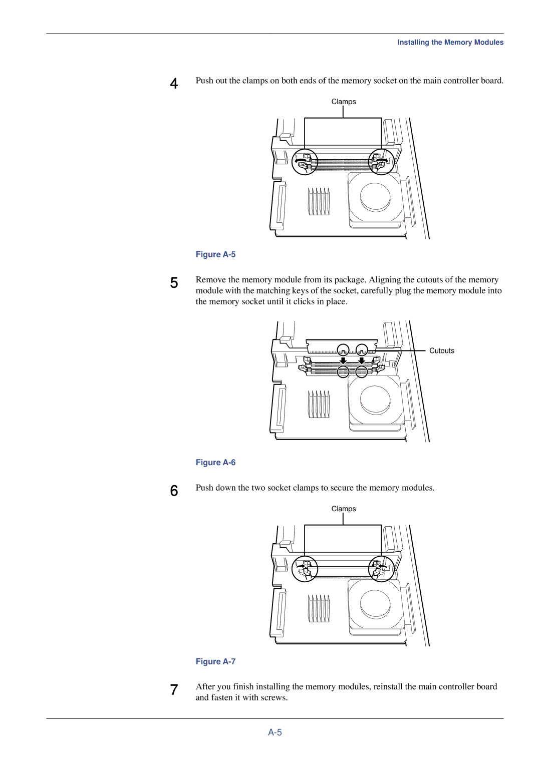 Kyocera FS-C8008N, FS-C8008DN manual Memory socket until it clicks in place, Figure A-5 