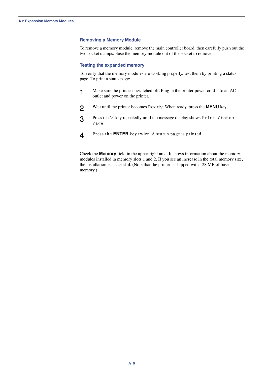 Kyocera FS-C8008DN, FS-C8008N manual Removing a Memory Module, Testing the expanded memory 