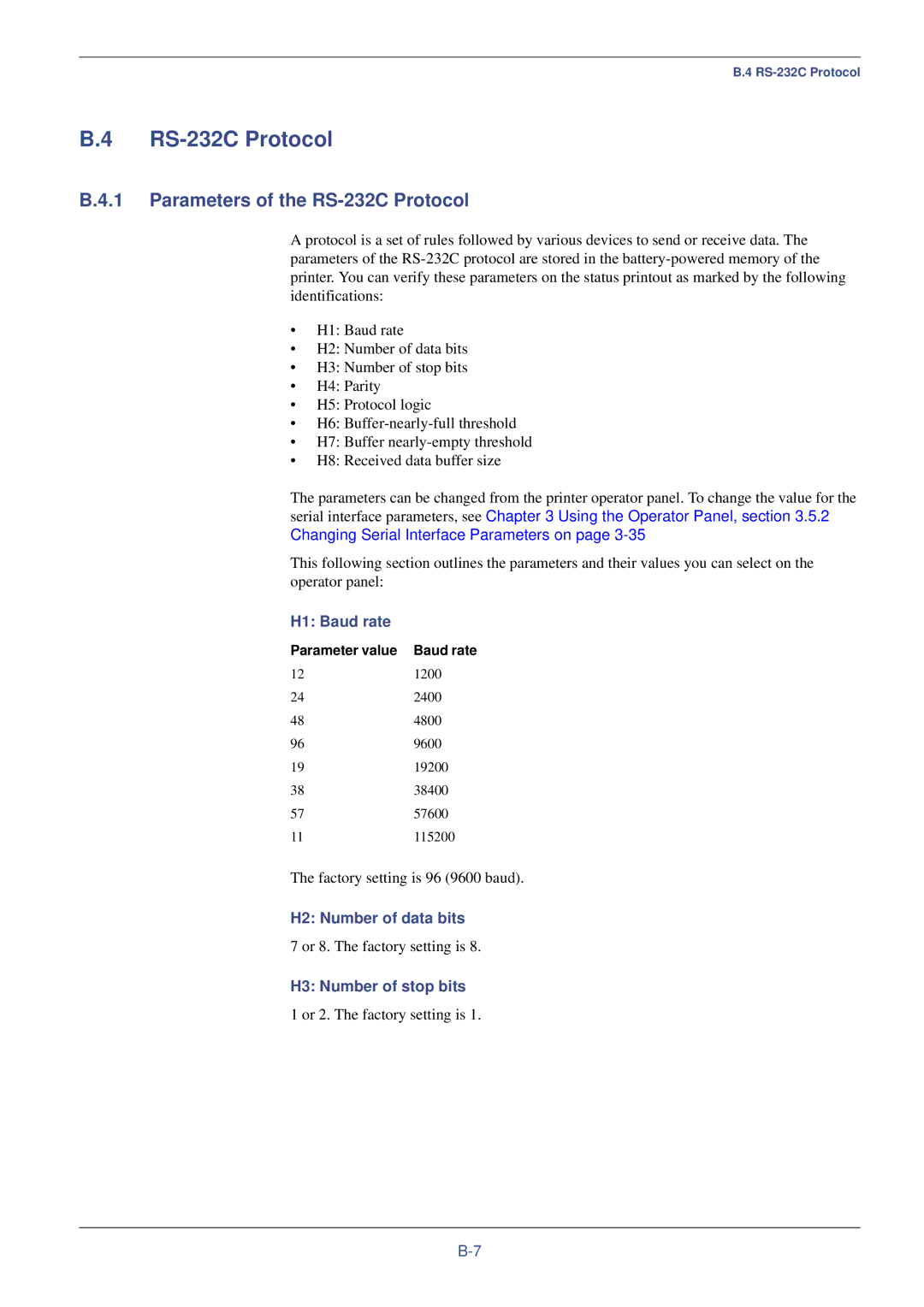 Kyocera FS-C8008DN Parameters of the RS-232C Protocol, H1 Baud rate, H2 Number of data bits, H3 Number of stop bits 