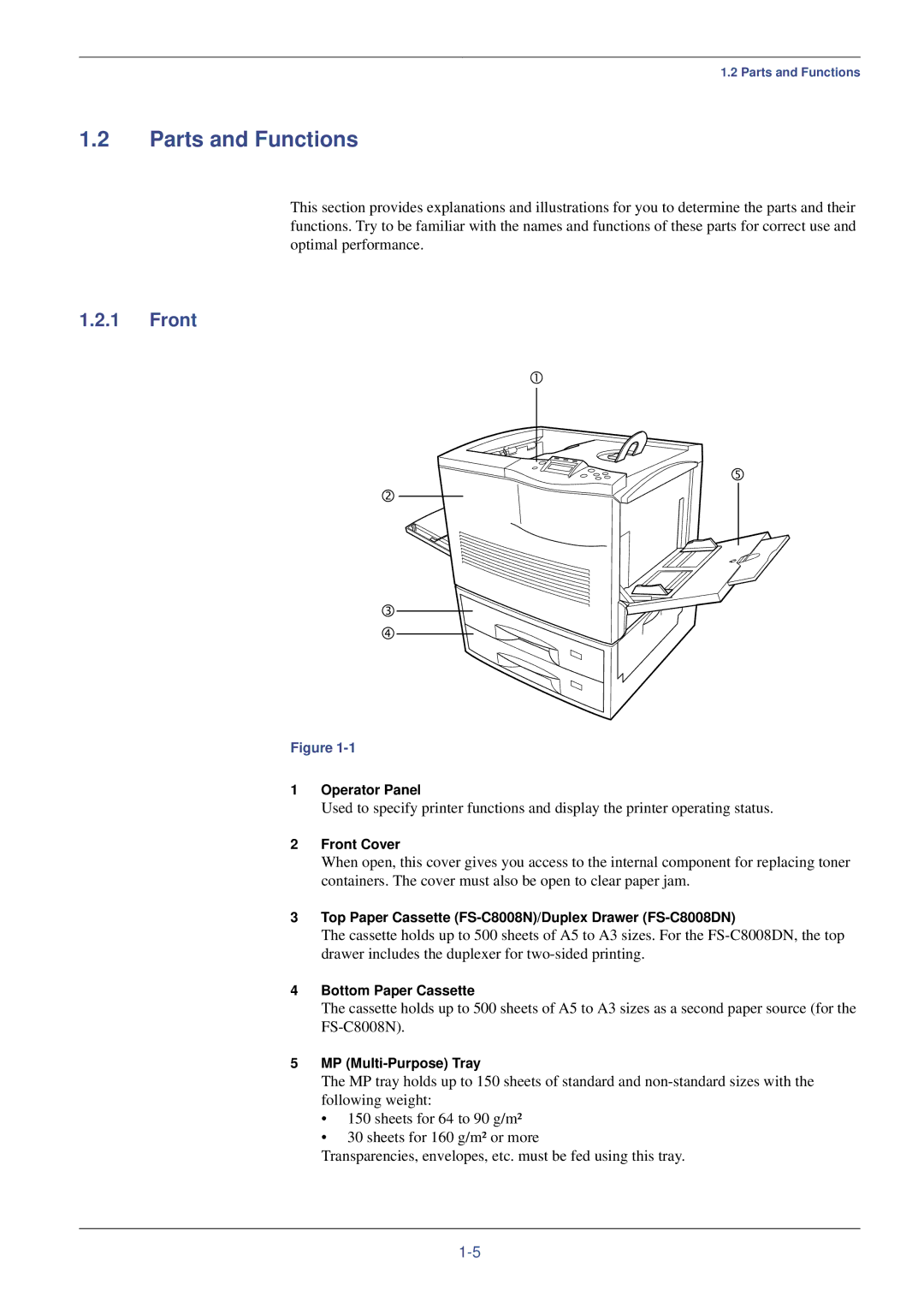 Kyocera FS-C8008N, FS-C8008DN manual Parts and Functions, Front 