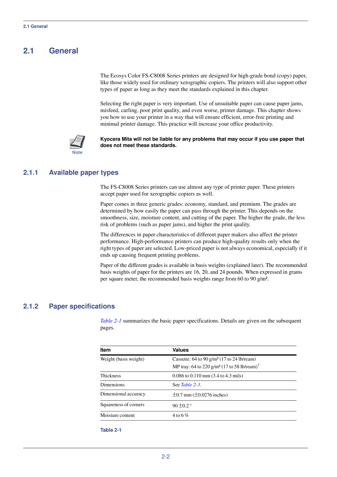 Kyocera FS-C8008DN, FS-C8008N manual General, Available paper types, Paper specifications, Values 