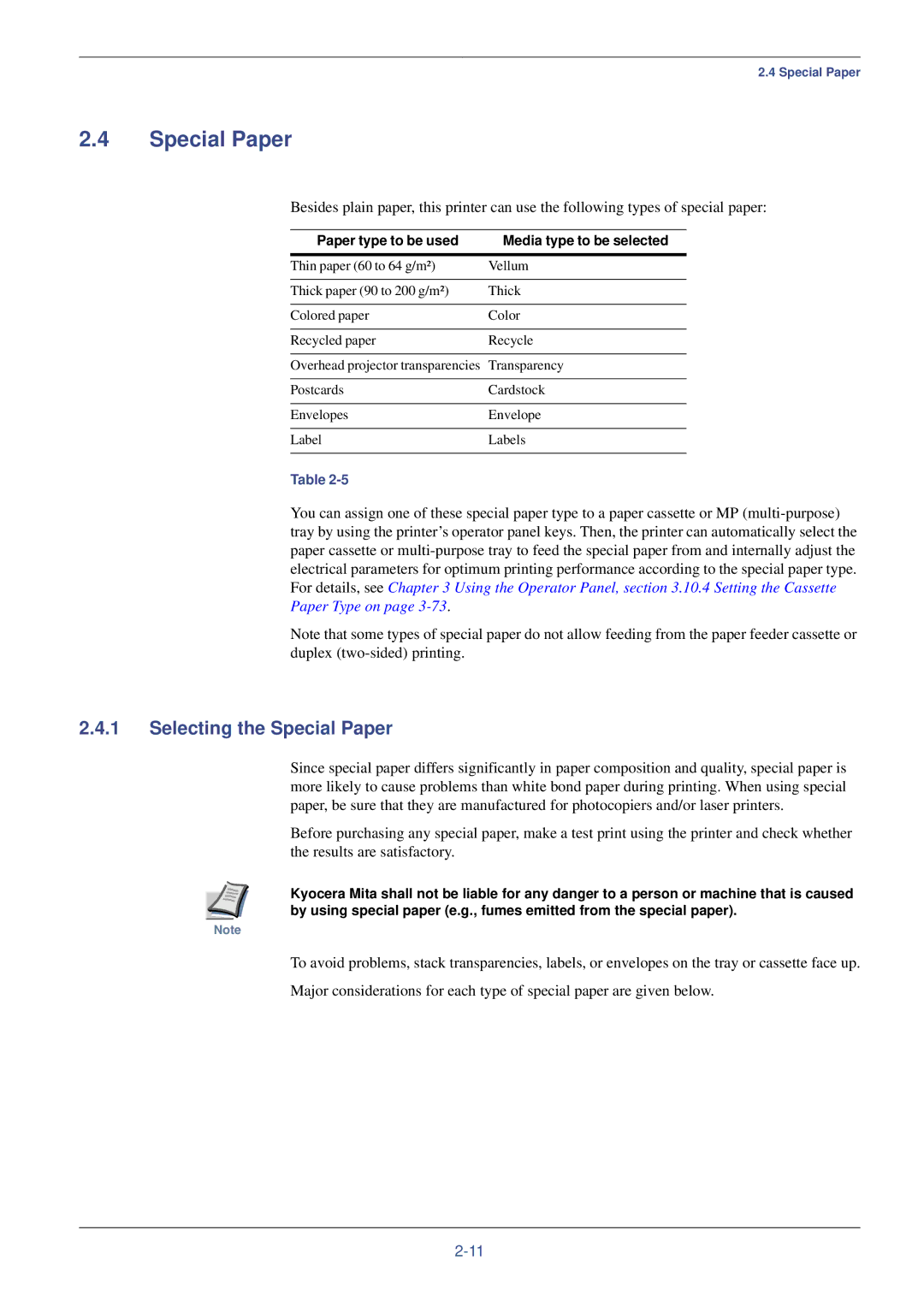 Kyocera FS-C8008N, FS-C8008DN manual Selecting the Special Paper, Paper type to be used Media type to be selected 