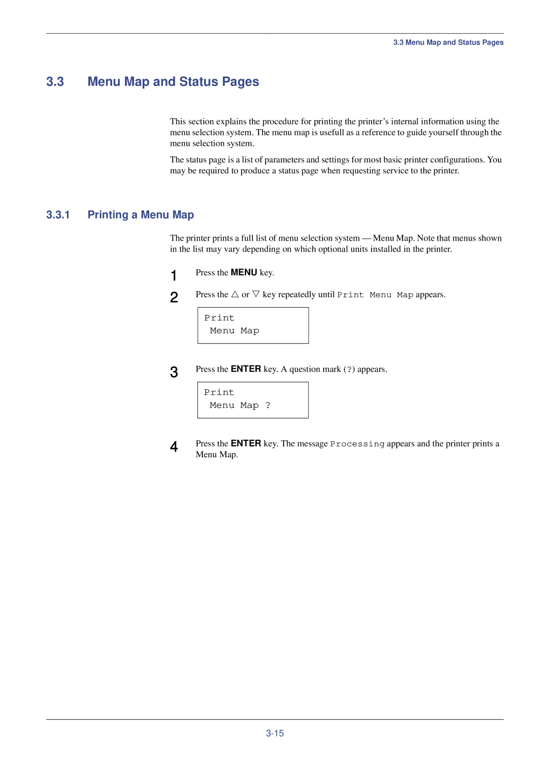 Kyocera FS-C8008N, FS-C8008DN manual Menu Map and Status Pages, Printing a Menu Map, Print Menu Map ? 