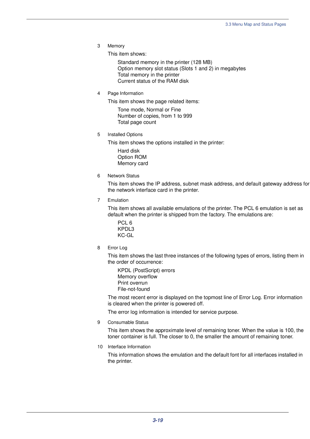 Kyocera FS-C8008N manual Memory, Information, Installed Options, Network Status, Emulation, Error Log, Consumable Status 