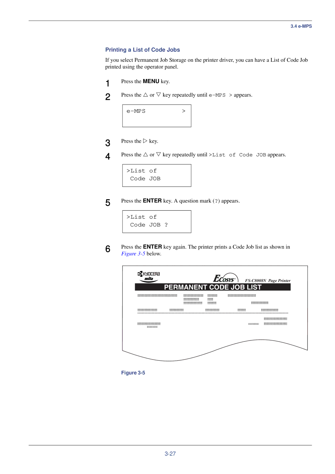 Kyocera FS-C8008N, FS-C8008DN manual List of Code JOB ?, Printing a List of Code Jobs 