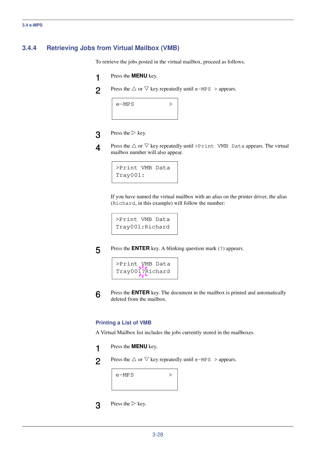 Kyocera FS-C8008DN Retrieving Jobs from Virtual Mailbox VMB, Print VMB Data Tray001Richard, Printing a List of VMB 