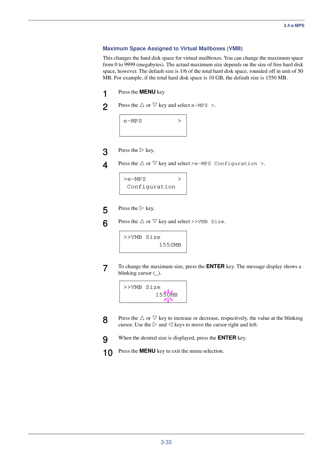 Kyocera FS-C8008N, FS-C8008DN manual VMB Size 1550MB, Maximum Space Assigned to Virtual Mailboxes VMB, Blinking cursor 