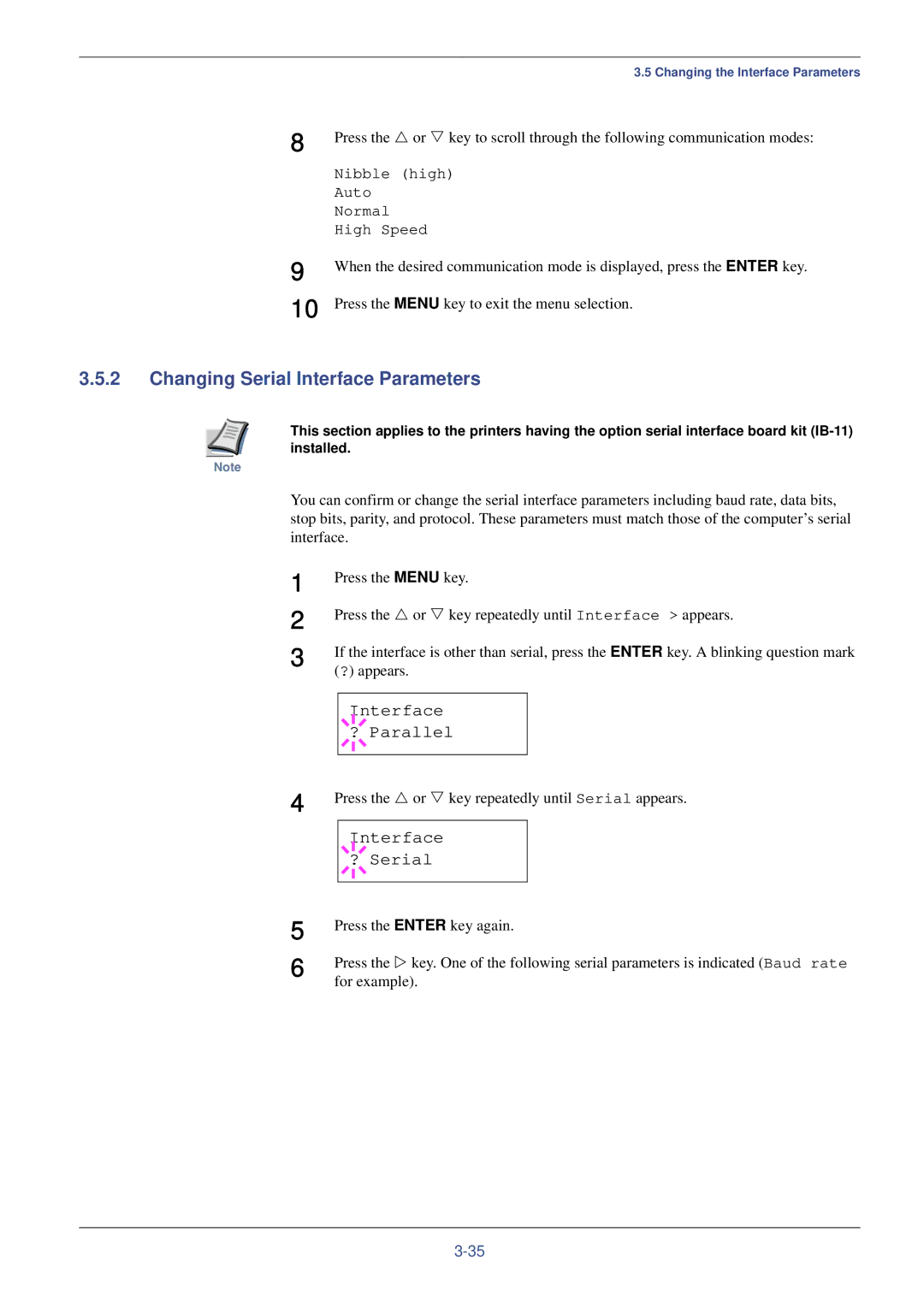 Kyocera FS-C8008N, FS-C8008DN Changing Serial Interface Parameters, Press the U or V key repeatedly until Serial appears 