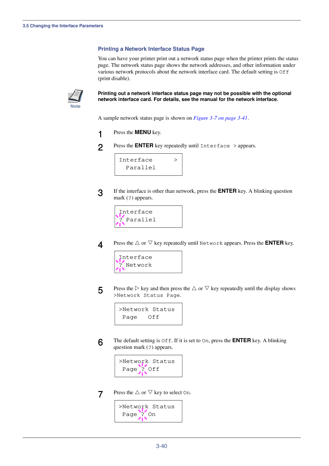 Kyocera FS-C8008DN Interface Parallel, Network Status Off, Status ? Off, Status ? On, Printing a Network Interface Status 