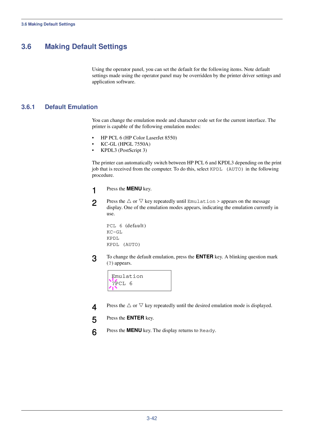 Kyocera FS-C8008DN, FS-C8008N manual Making Default Settings, Default Emulation, Emulation ?PCL 