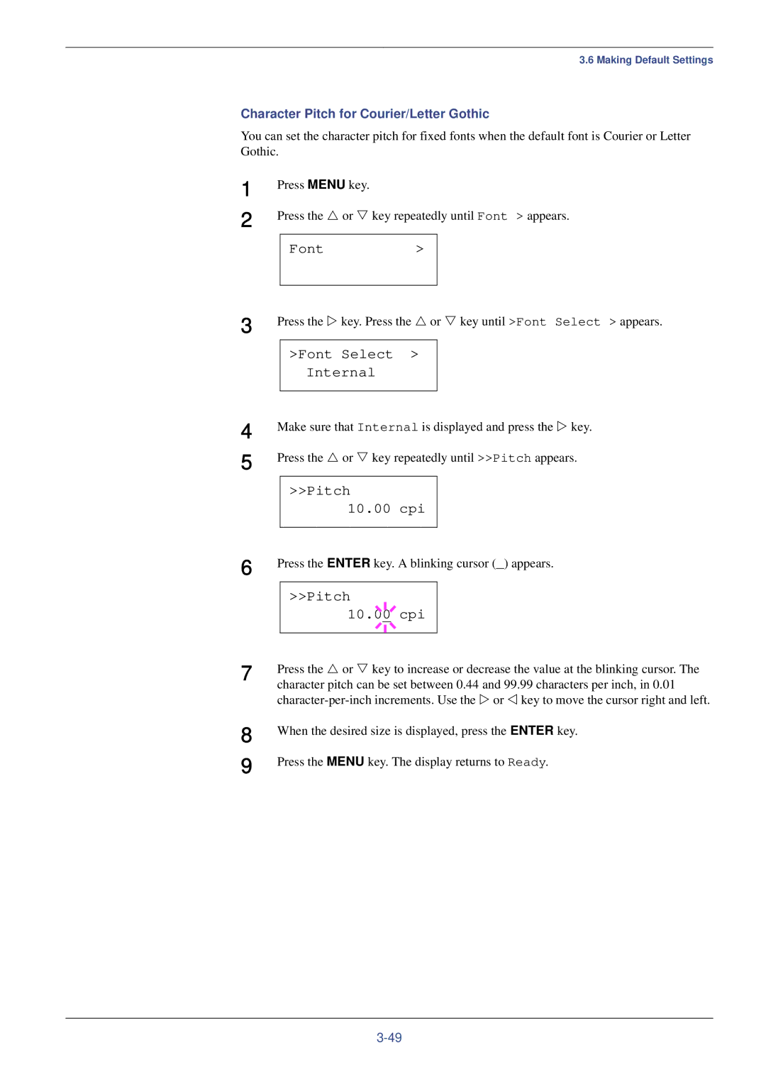 Kyocera FS-C8008N, FS-C8008DN manual Pitch 10.00 cpi, Pitch 10.0 Cpi, Character Pitch for Courier/Letter Gothic 