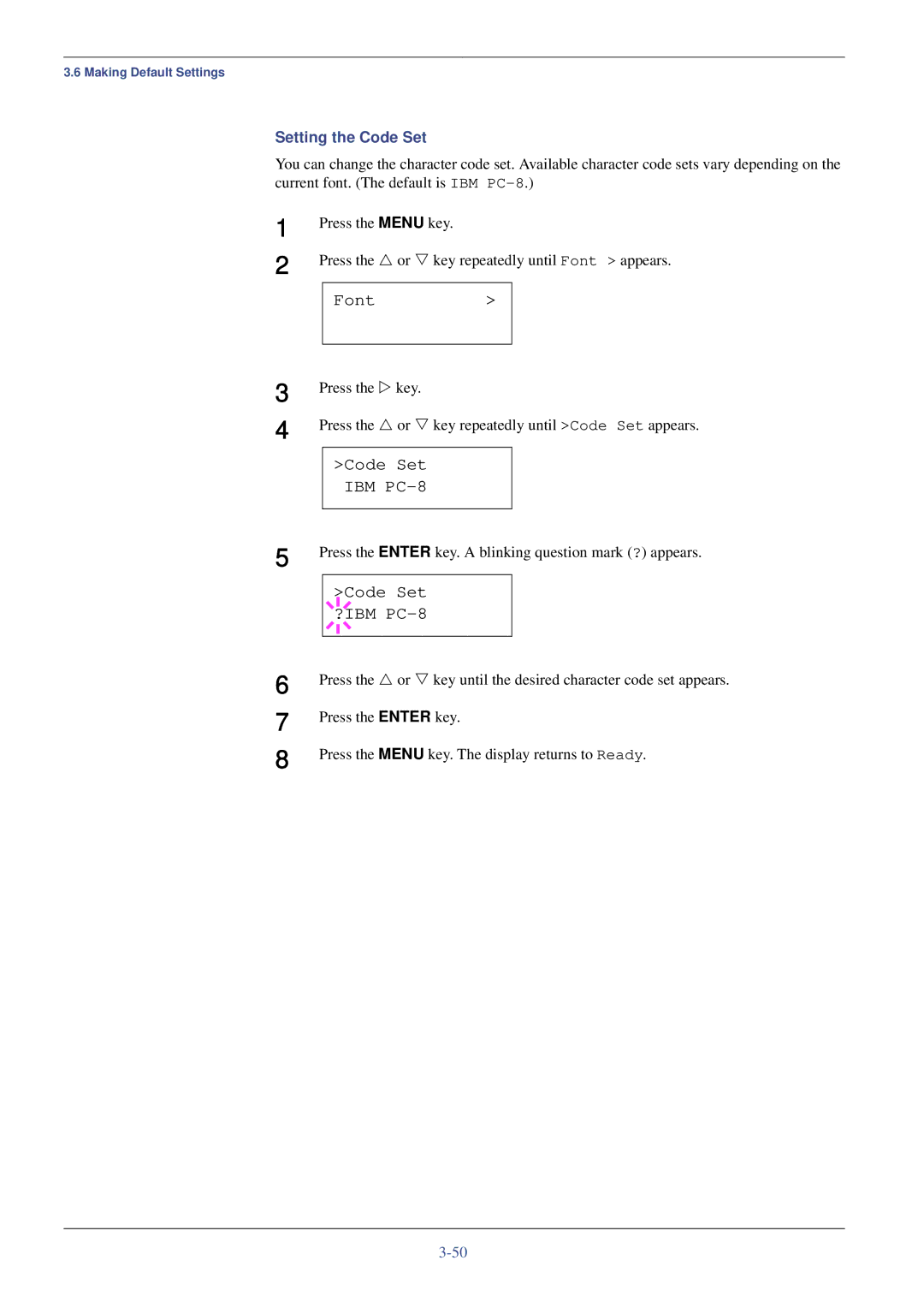 Kyocera FS-C8008DN, FS-C8008N manual Code Set IBM PC-8, Code Set ?IBM PC-8, Setting the Code Set 