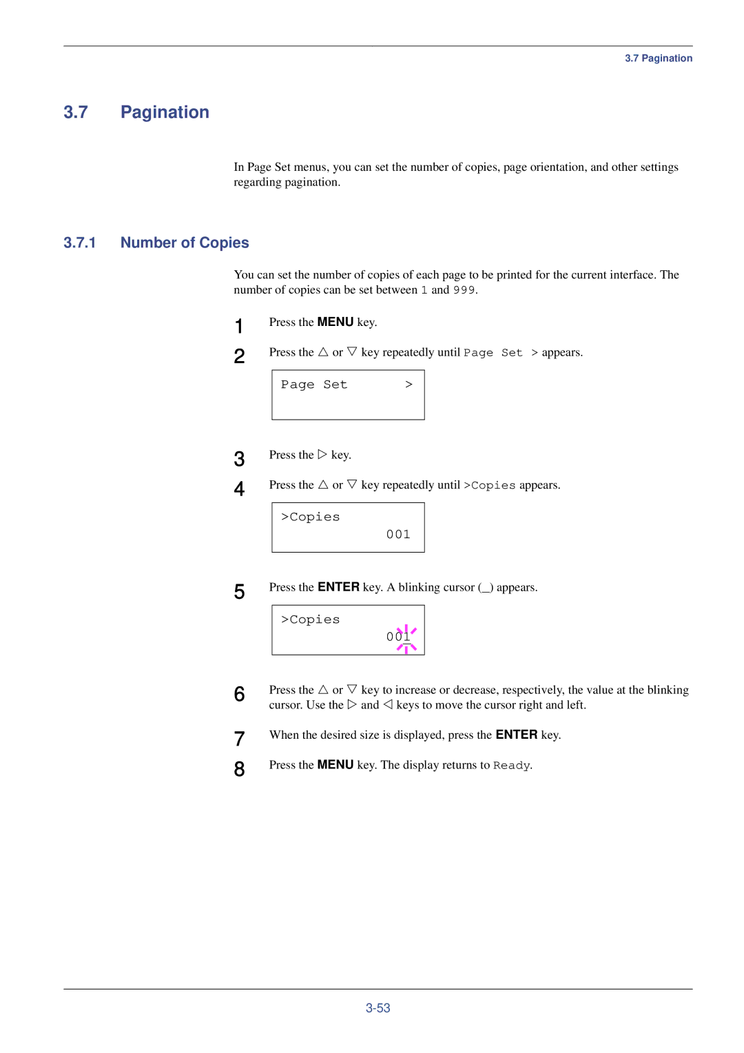 Kyocera FS-C8008N, FS-C8008DN manual Pagination, Number of Copies, Set, Copies 001 