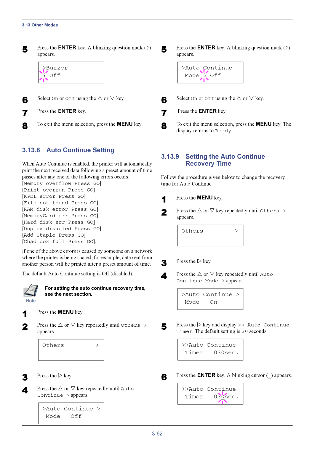 Kyocera FS-C8026N manual Auto Continue Setting, Setting the Auto Continue Recovery Time 