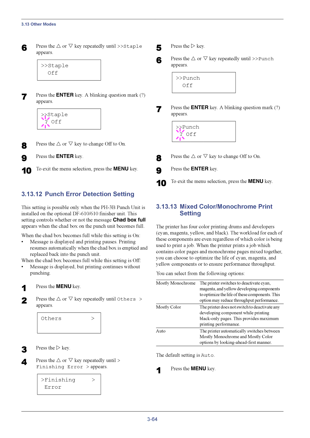 Kyocera FS-C8026N manual Punch Error Detection Setting, Mixed Color/Monochrome Print Setting, Staple Off, Staple ? Off 