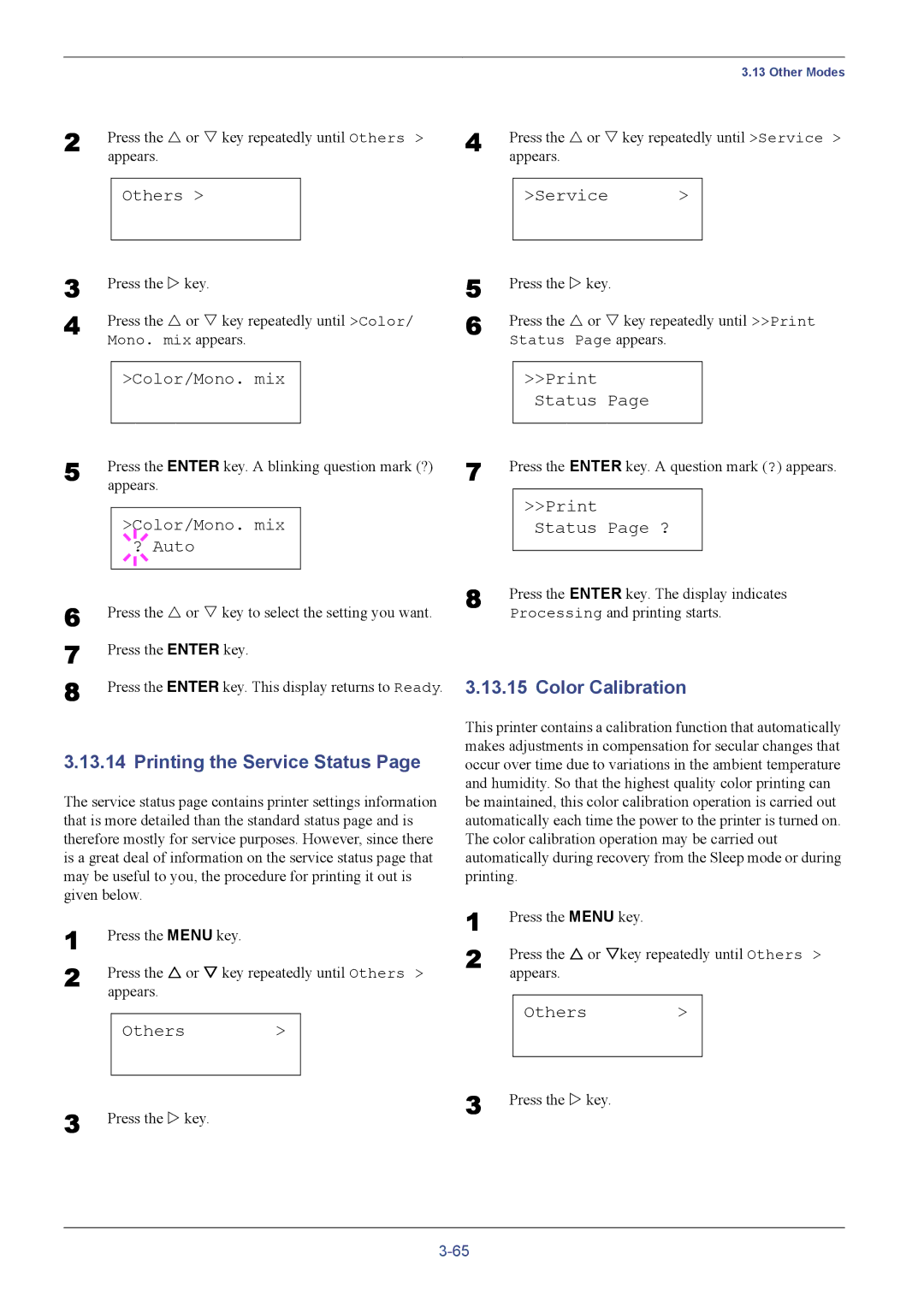 Kyocera FS-C8026N manual Printing the Service Status, Color Calibration, Color/Mono. mix, Others Service 