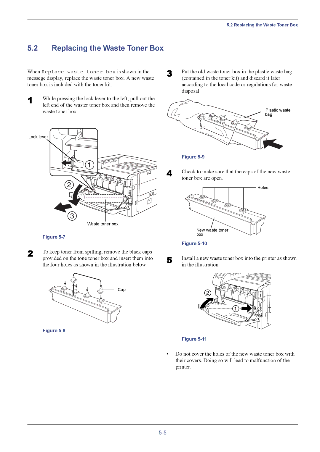 Kyocera FS-C8026N manual Replacing the Waste Toner Box, To keep toner from spilling, remove the black caps 