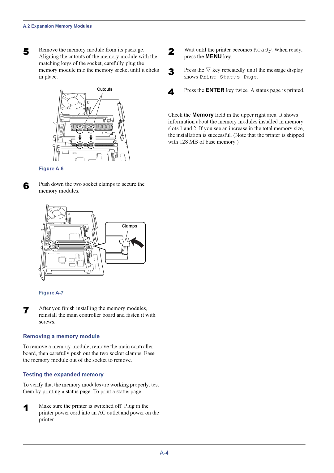 Kyocera FS-C8026N manual Removing a memory module, Testing the expanded memory 