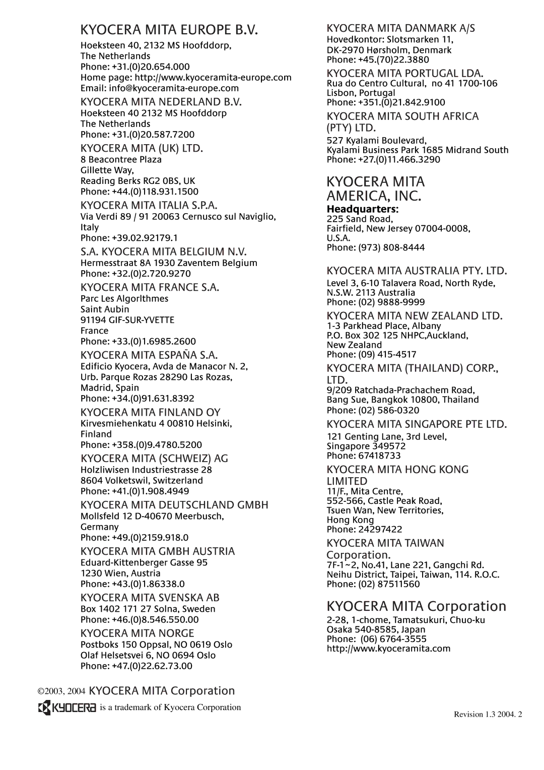 Kyocera FS-C8026N manual 2003, 2004 is a trademark of Kyocera Corporation 
