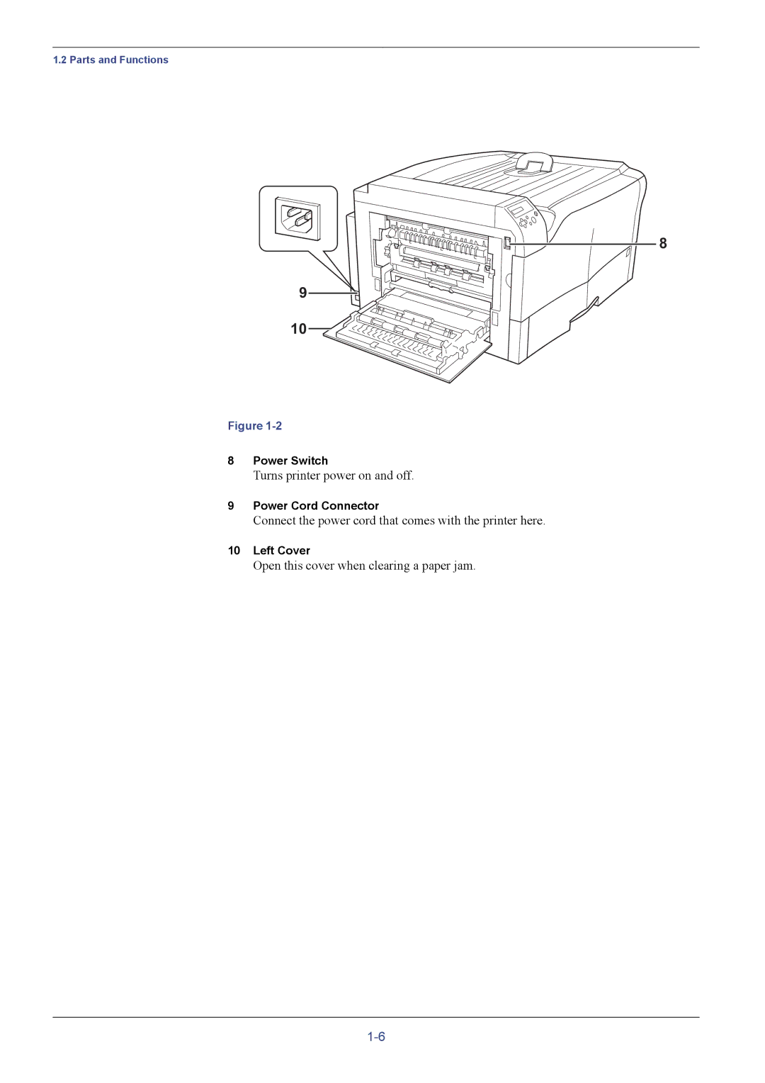 Kyocera FS-C8026N manual Power Switch, Power Cord Connector, Left Cover 