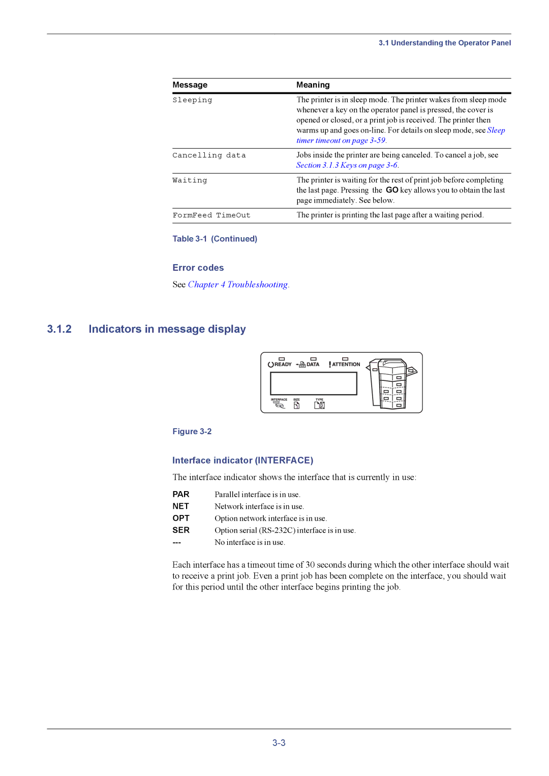 Kyocera FS-C8026N manual Indicators in message display, Error codes, Interface indicator Interface 