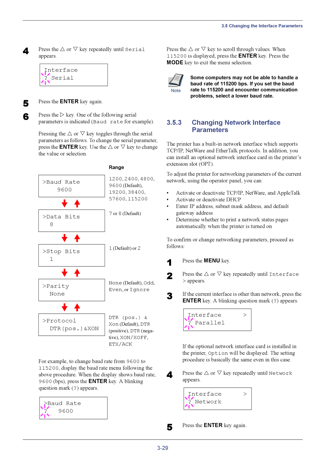 Kyocera FS-C8026N manual Changing Network Interface Parameters, Interface ? Serial, Baud Rate ? 