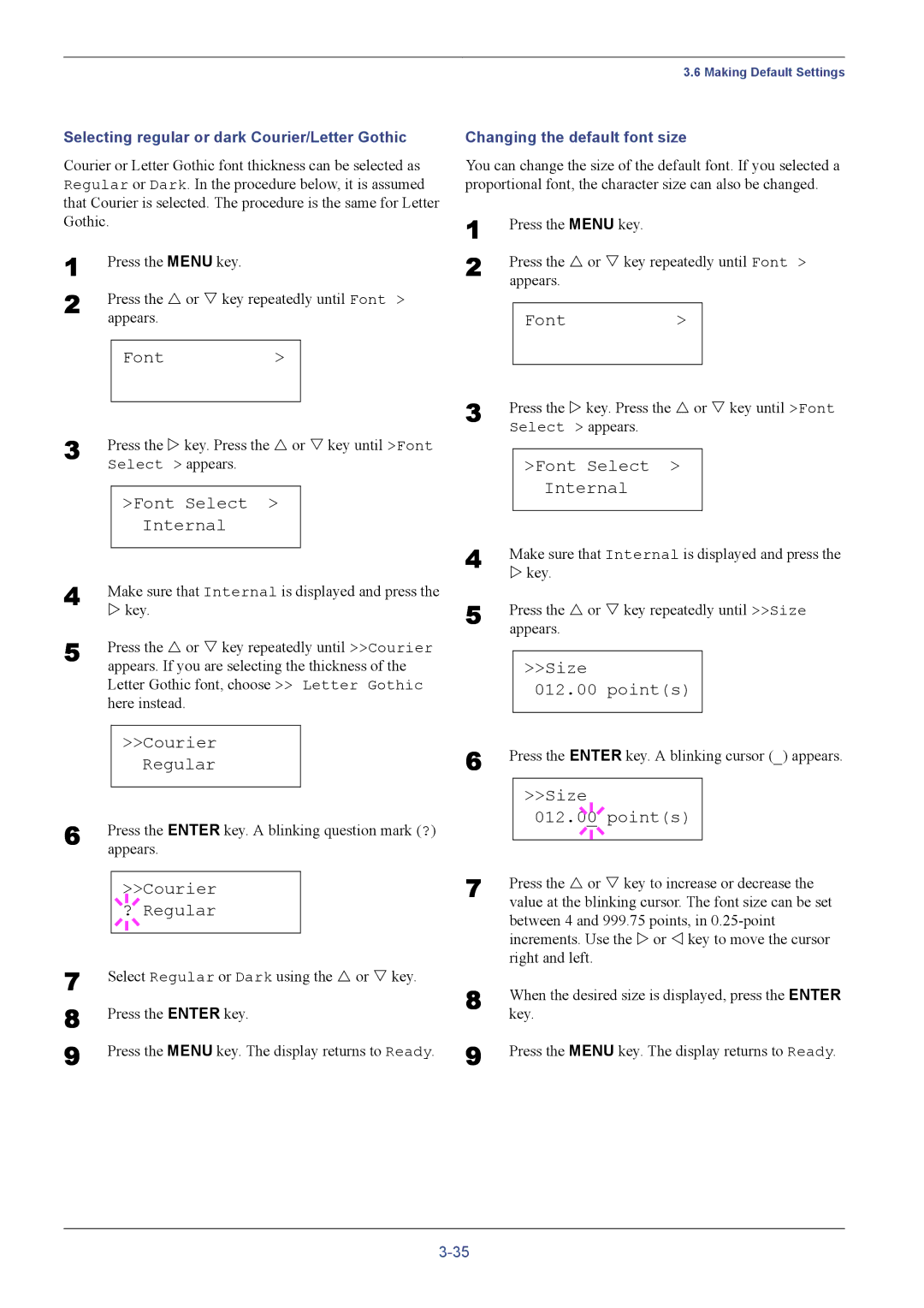 Kyocera FS-C8026N manual Courier Regular, Courier ? Regular, Size Points, Selecting regular or dark Courier/Letter Gothic 